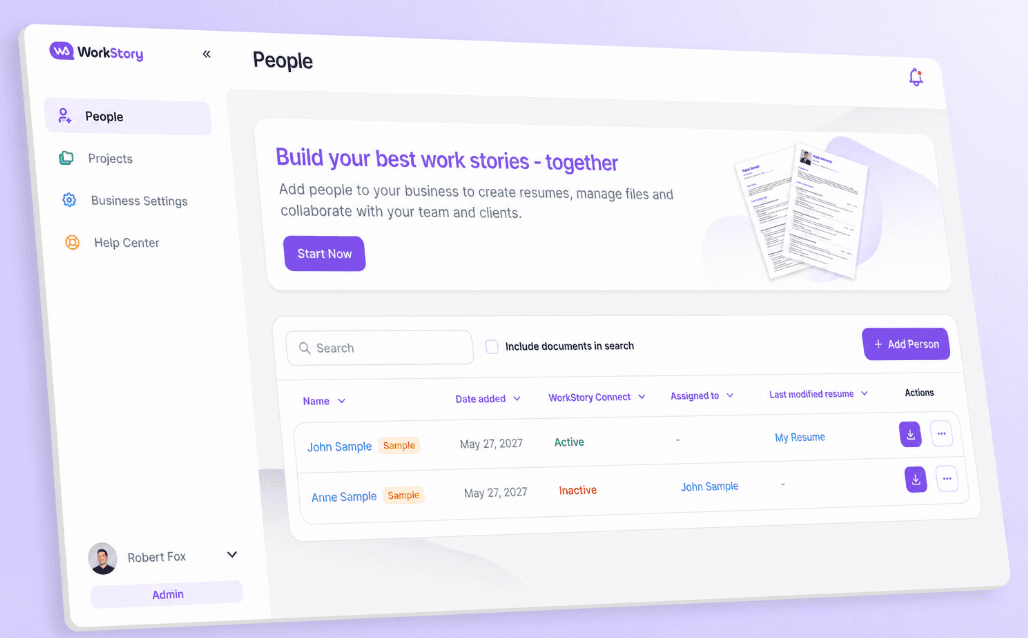 WorkStory product dashboard — the People workspace showing client profiles, resumes and collaboration status